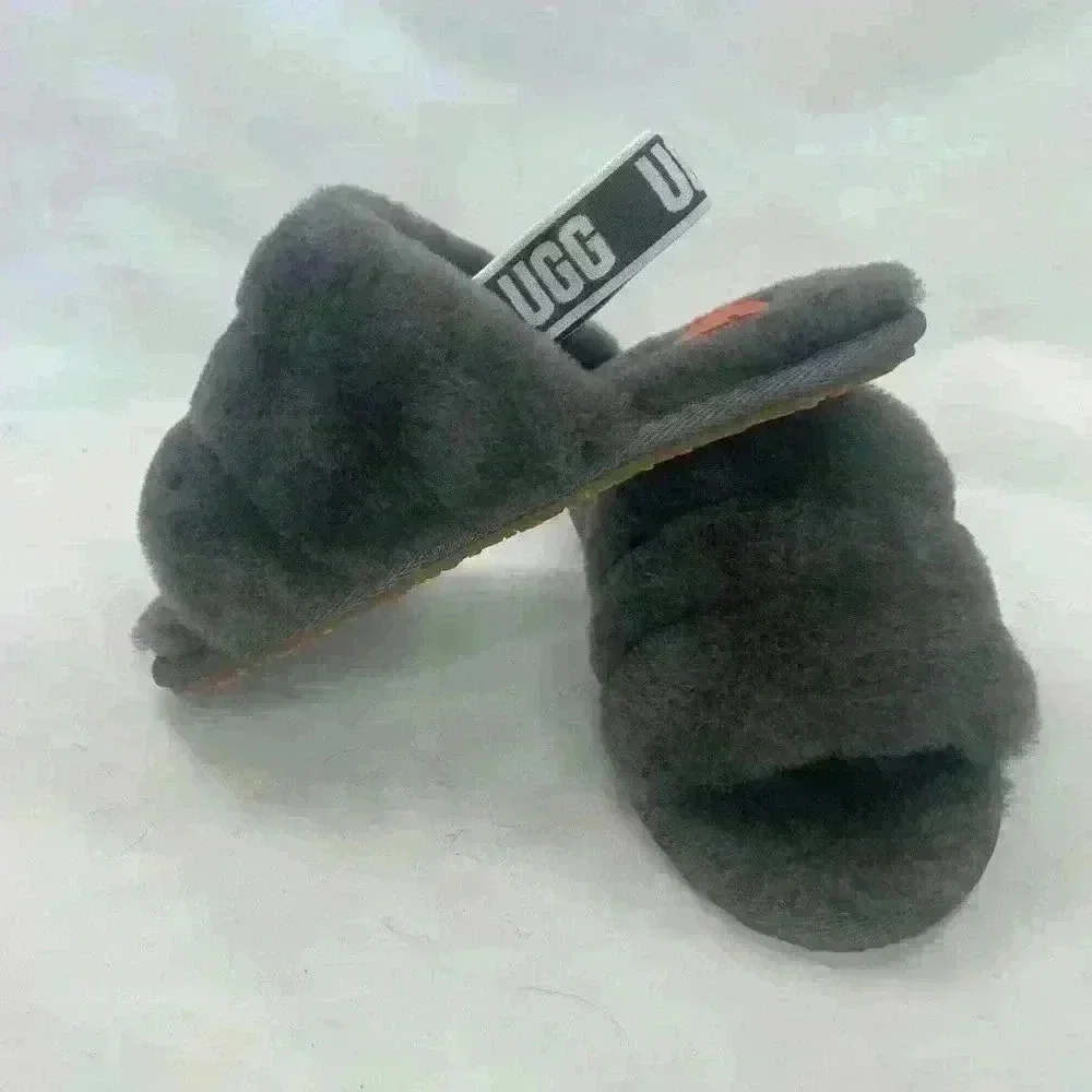 NEW UGG toddler kids fluff yeah gray back strap slipper toddler size 11